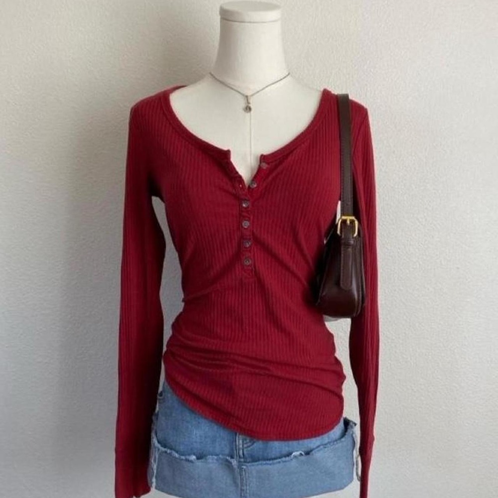 Y2K Abercrombie & Fitch Red Ribbed Henley Long Sleeve Shirt Top Streetwear